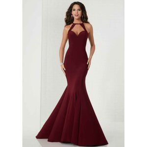Tiffany Designs Style 46114 - Halter Jersey Trumpet Wine Dress - Size 6